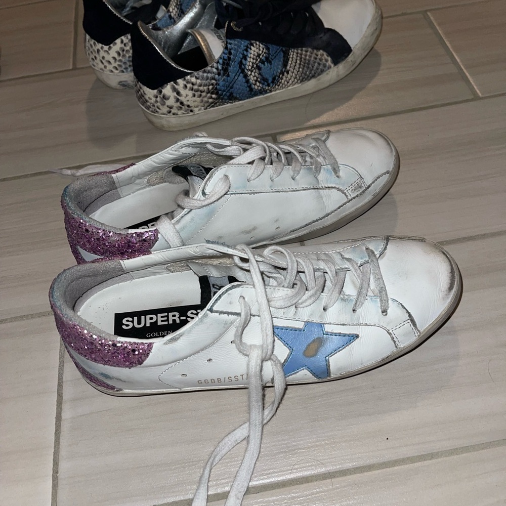 Golden Goose White Sneakers with Purple Heel and Blue Star